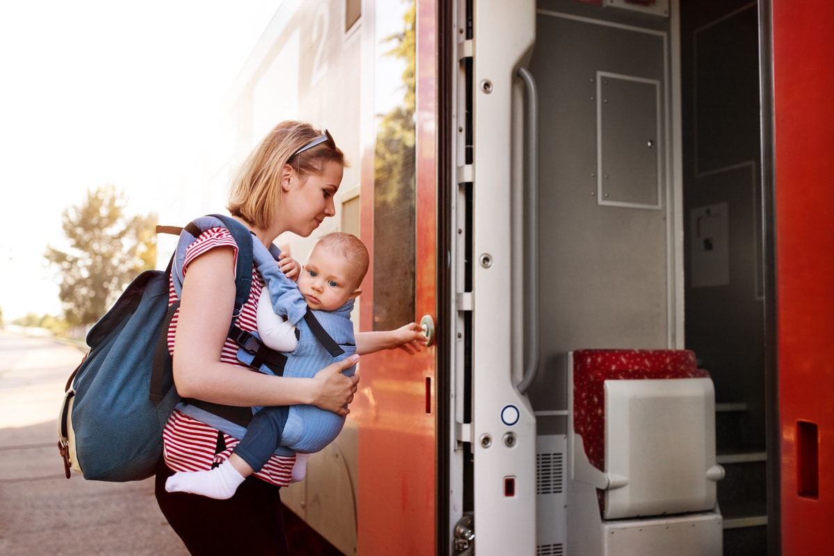 young mother travelling with baby by train.