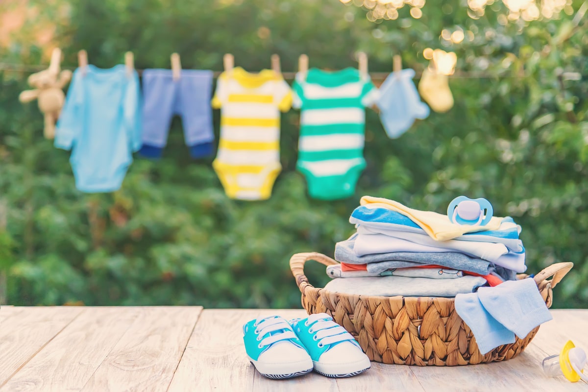 washing baby clothes. linen dries in the fresh air. selective focus.