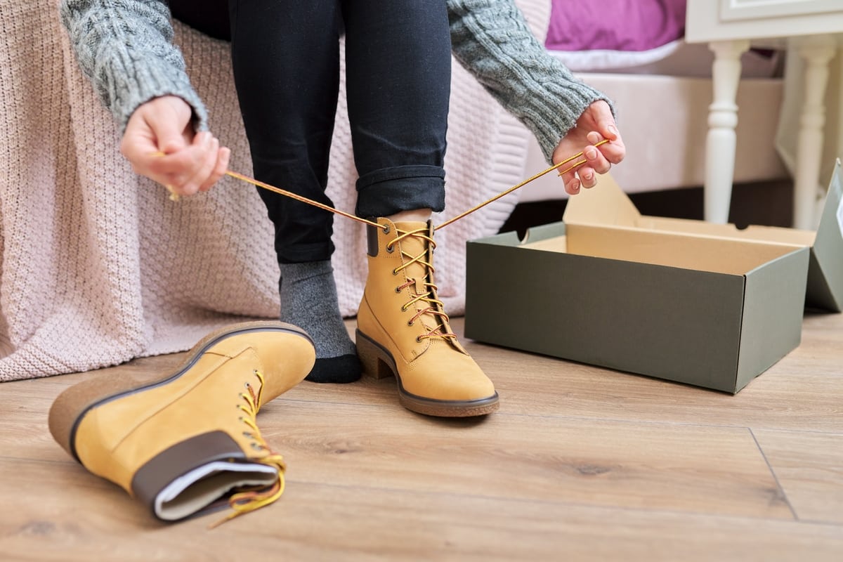 autumn winter season, new shoes, close up woman shoeing warm boots