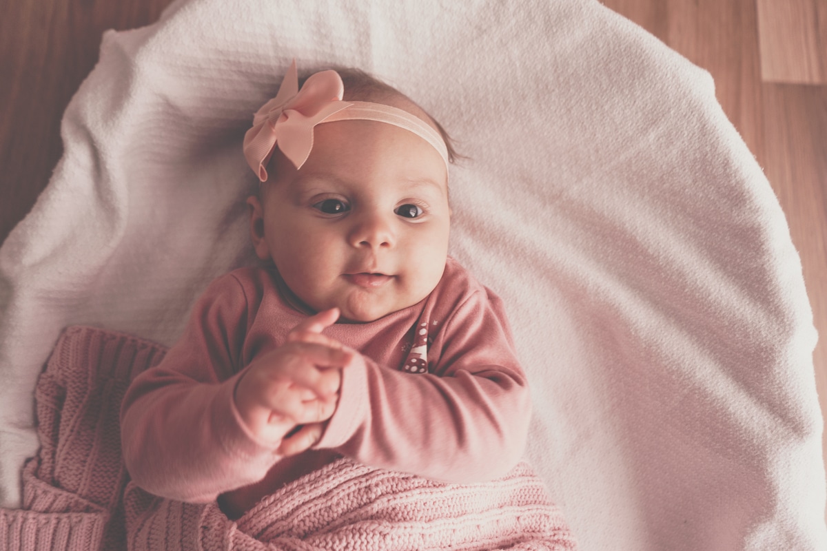 little cute baby girl lying in basket