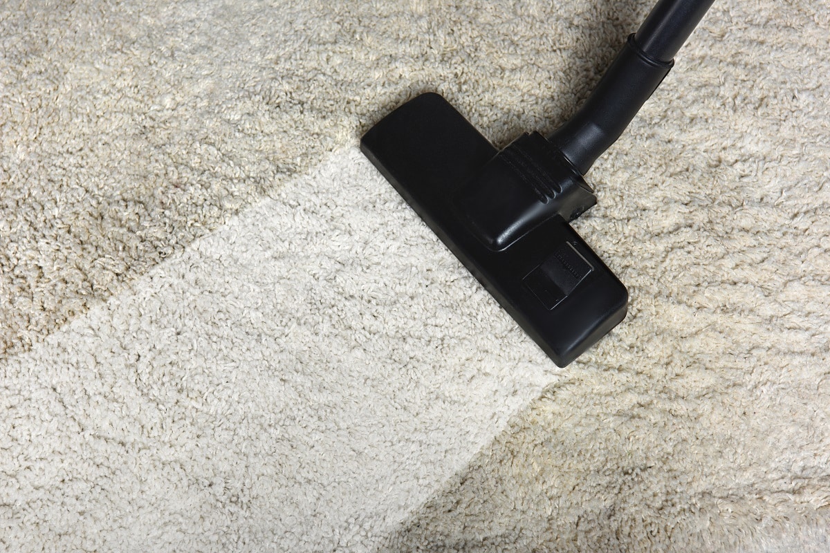 close up view of cleaning white carpet with professional vacuum cleaner