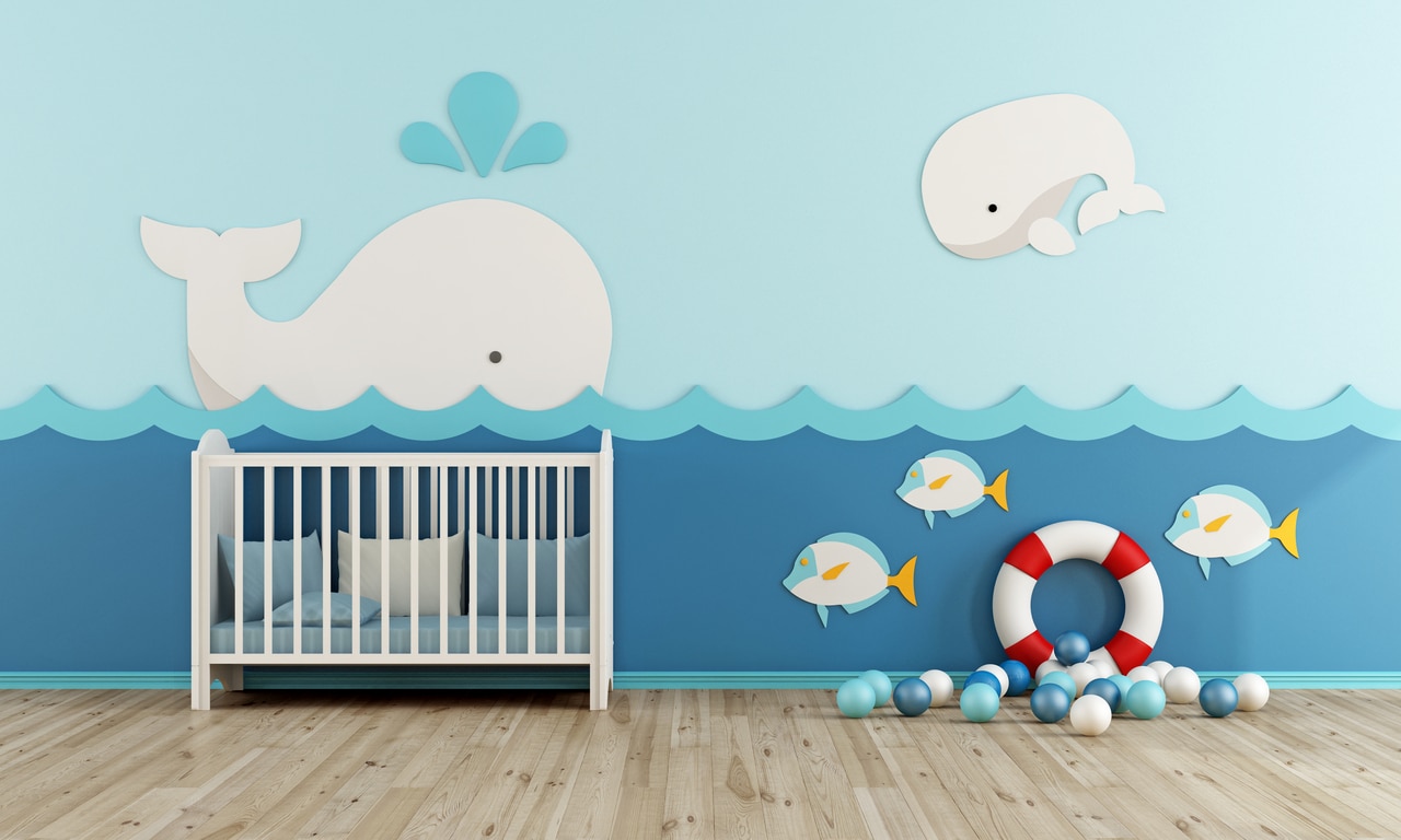 baby room in marine style with cradle 3d rendering