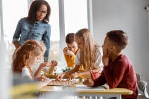 kids training analytical and creative skills in classroom