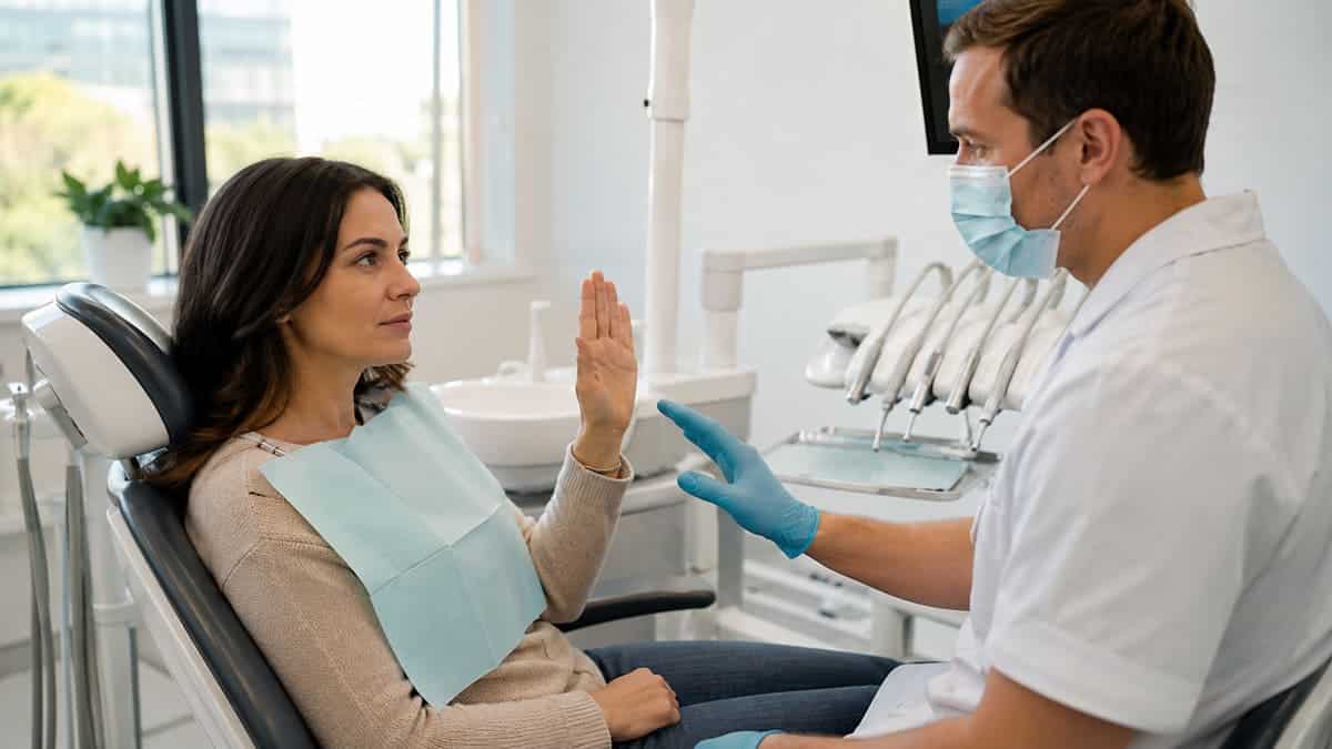 Patient and dentist agreeing on a hand signal before dental treatment