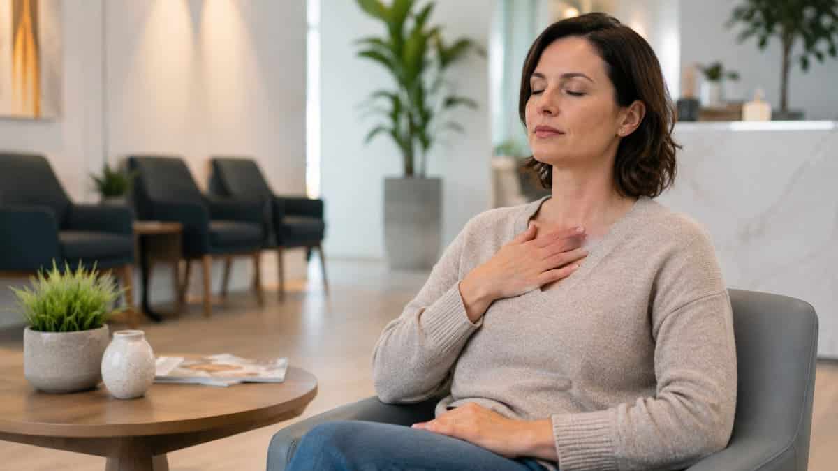 Adult using slow breathing to stay calm before a dental procedure
