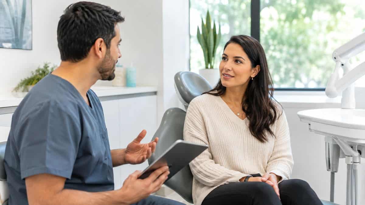 Dentist discussing pain control and sedation choices with an adult patient