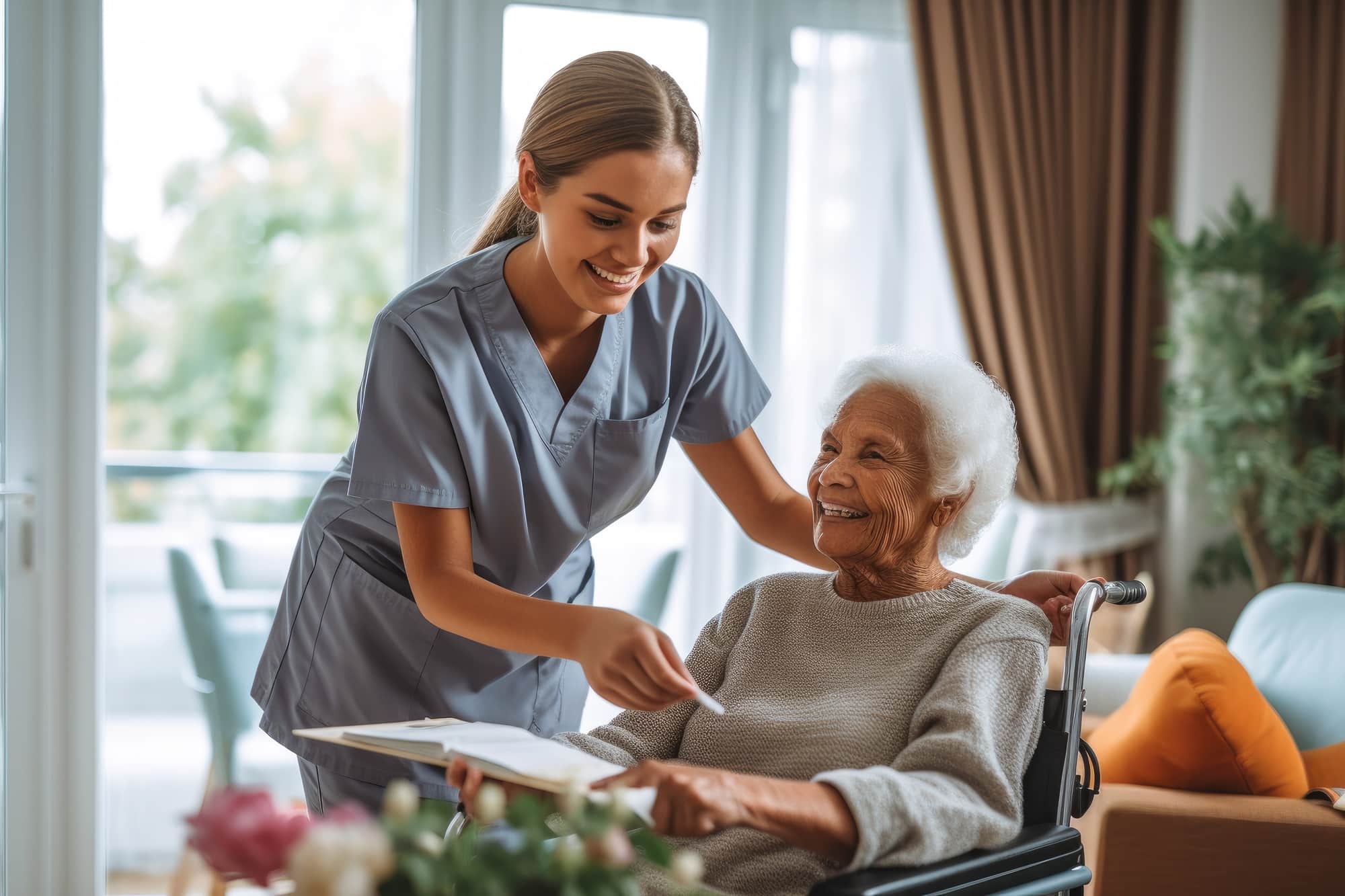 young nurse assisting a senior in a nursing home. elderly patien