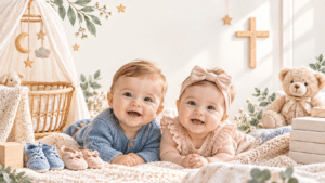 Twin babies in a sunlit nursery with a wooden cross