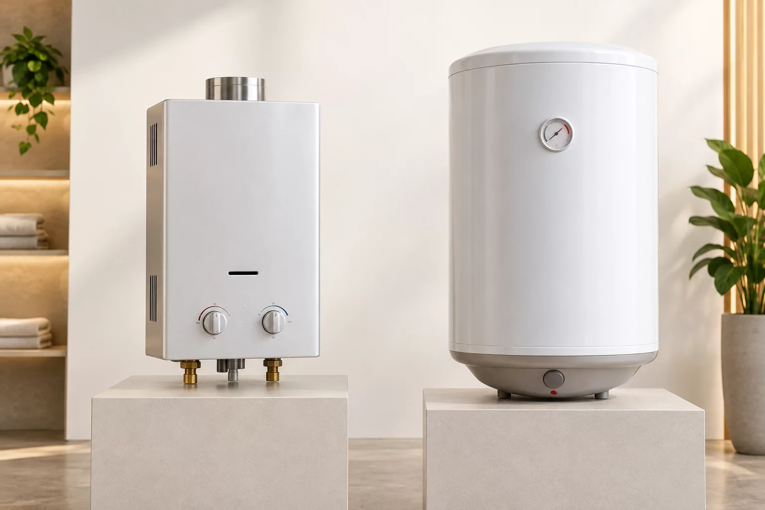 a gas instant geyser beside an electric storage geyser