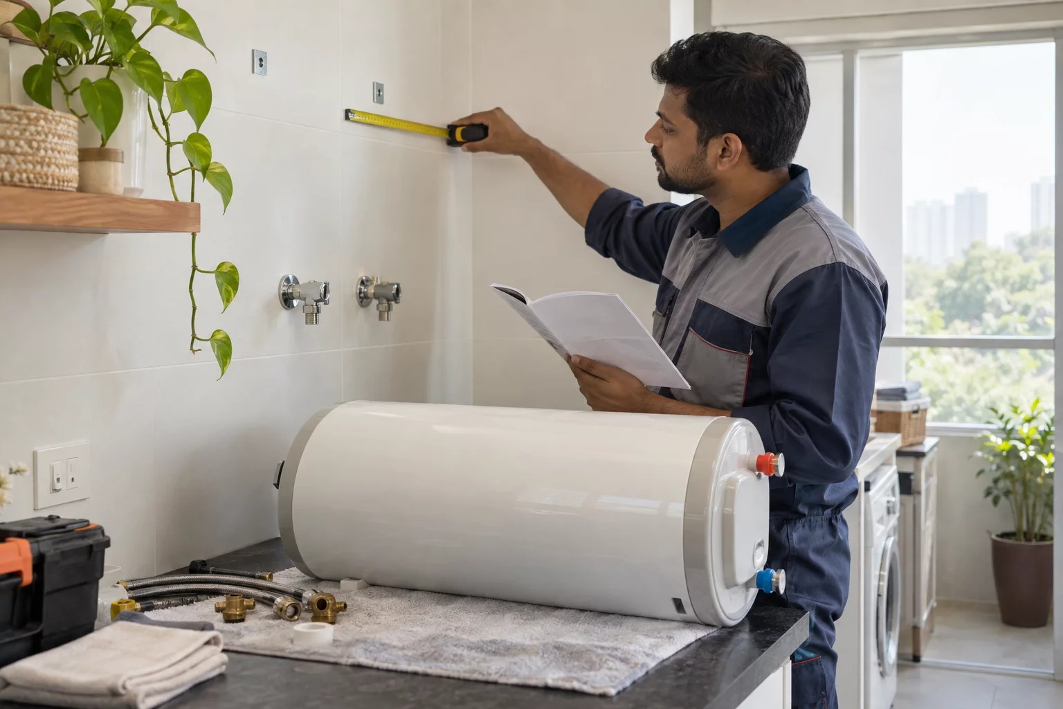 Illustration of an installer measuring space for an uninstalled electric storage geyser