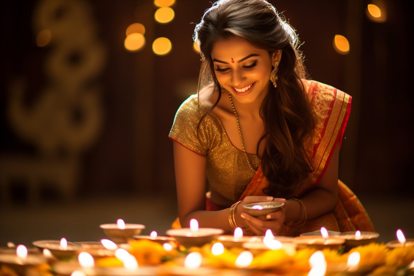 Image of An young and beautiful Indian Bengali woman in Indian traditional  dress is lighting Diwali diya/lamps sitting on the dark floor indoor to  celebrate Diwali. Indian lifestyle and Diwali celebration-PR216206-Picxy