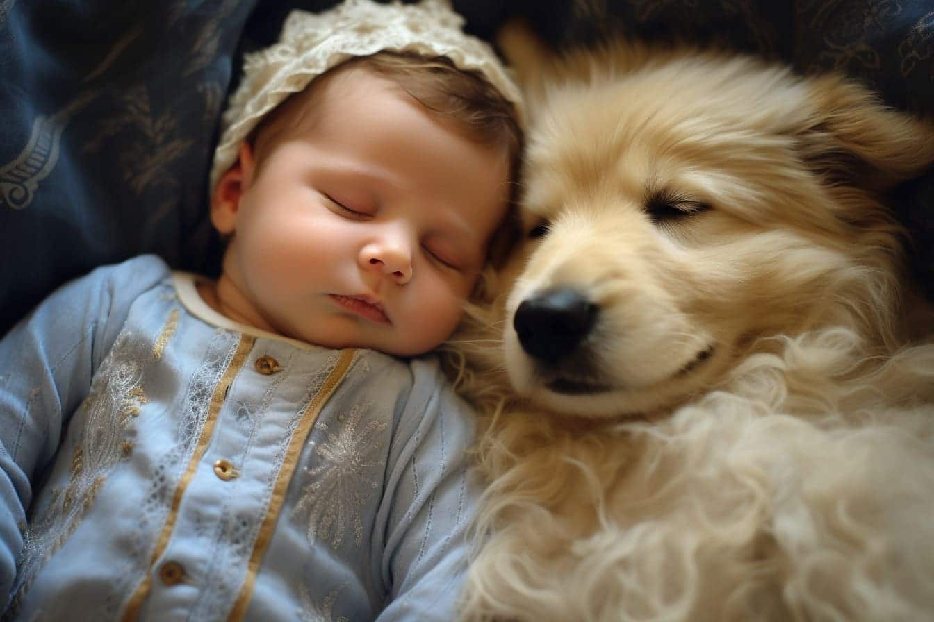 manishq1 a baby sleeping while a dog lies down with a baby in t efbcbeec 1dbf 4e55 8d15 a0733943887d