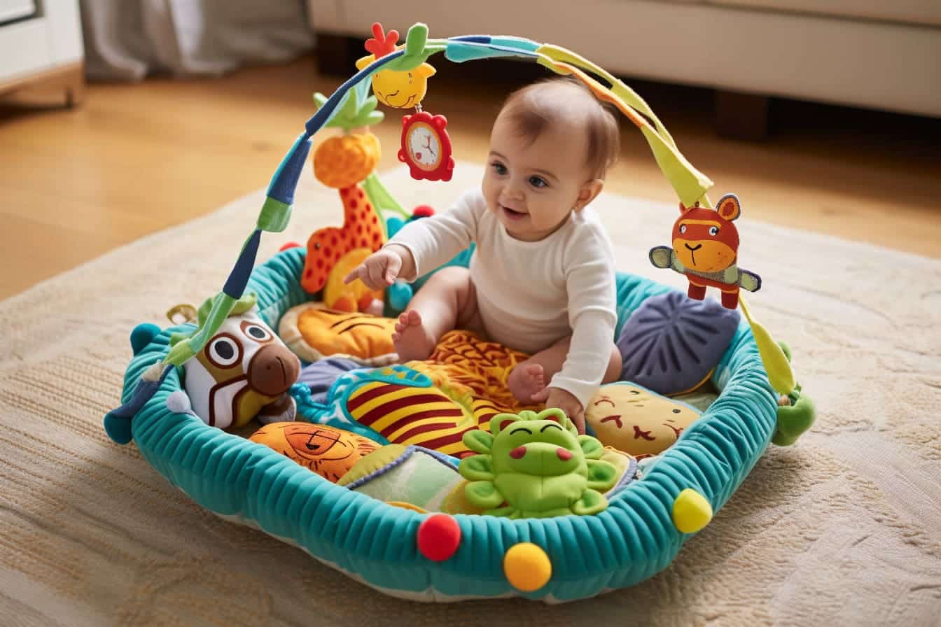 manishq1 baby in a playmat with toys in a basket with the baby 0685b637 d3db 4e4c a963 3c5f6d3e06ec