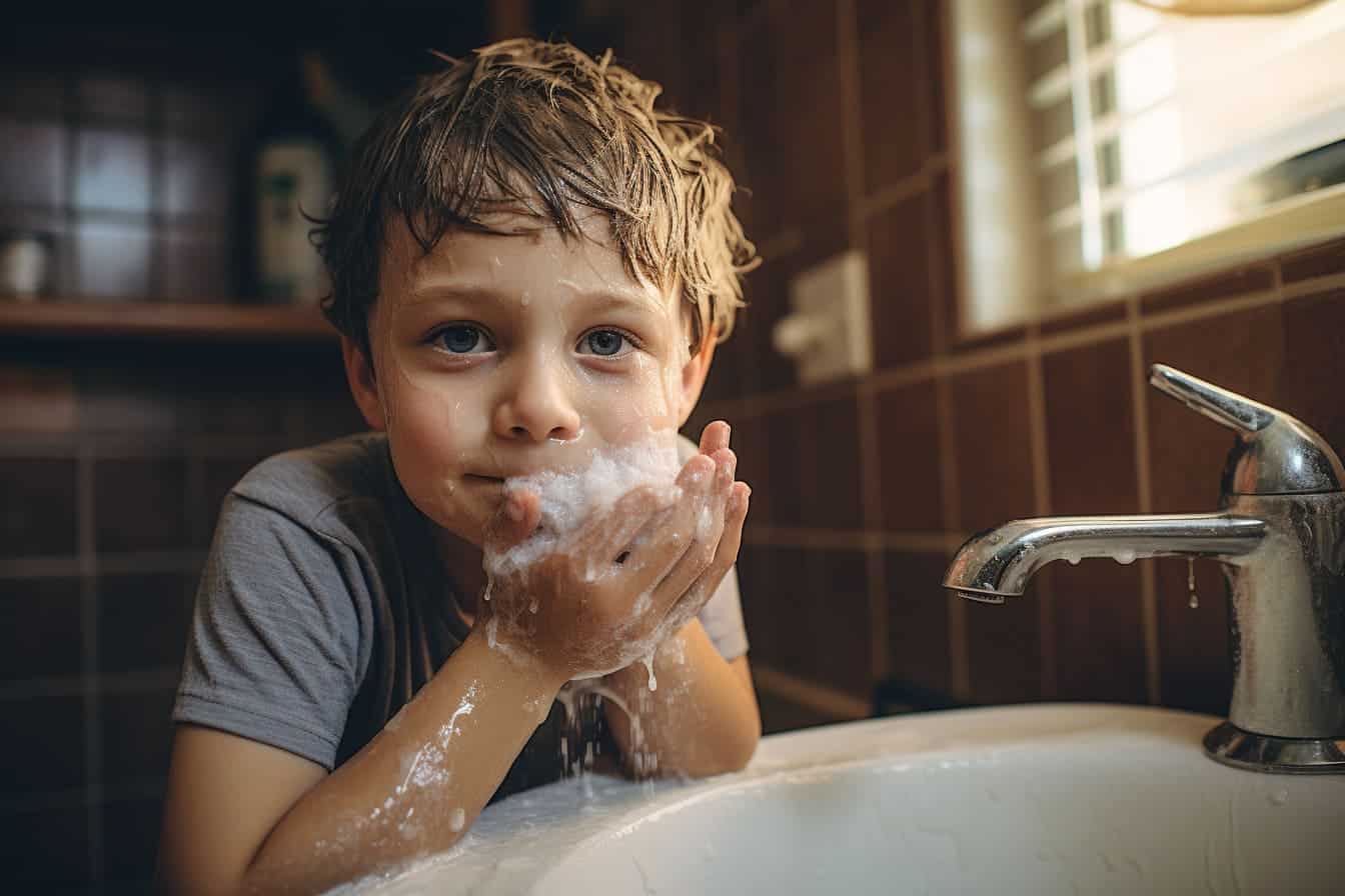 manishq1 kid washing face in bathroom with face wash 354eb497 db6a 48b7 8cde 44e715b5db26