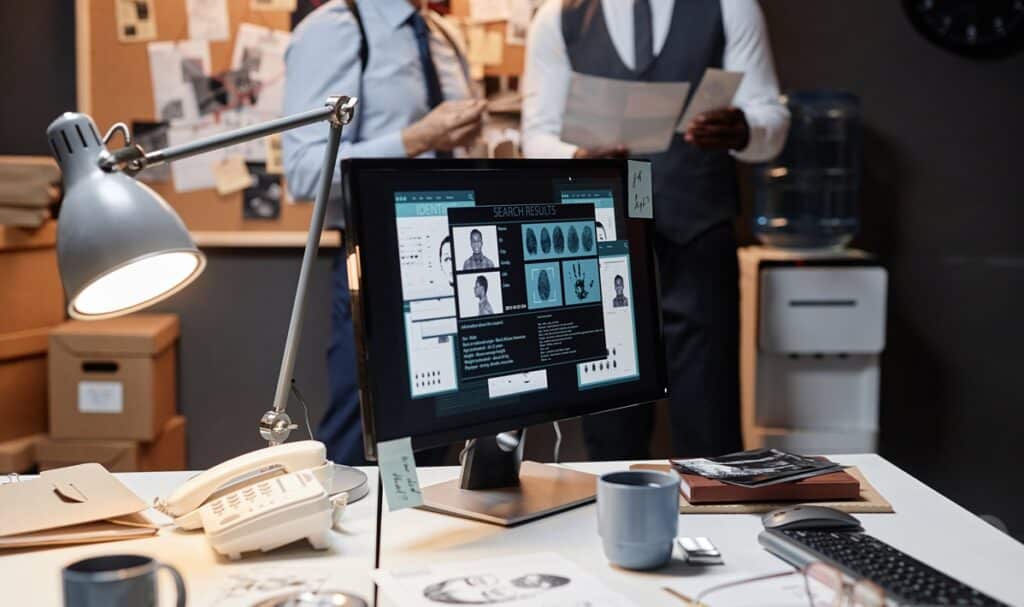 close up of cluttered desk in detectives office with personal profile on screen