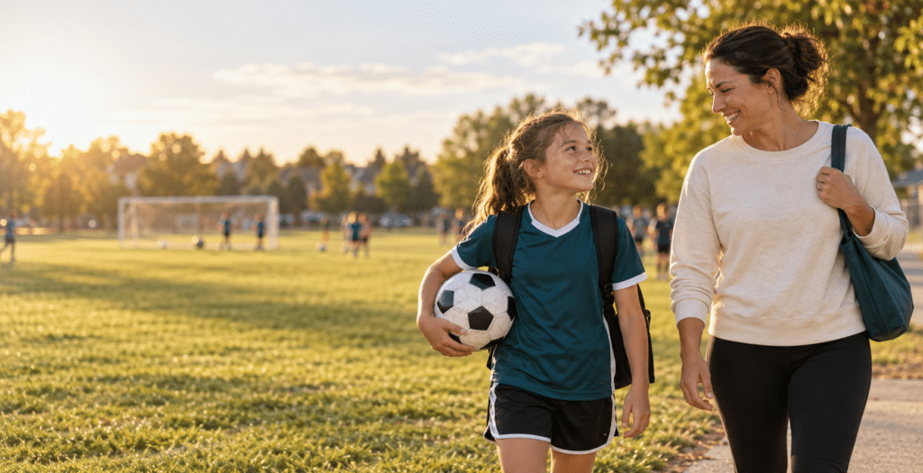 Mother and daughter leave soccer practice together in a community park