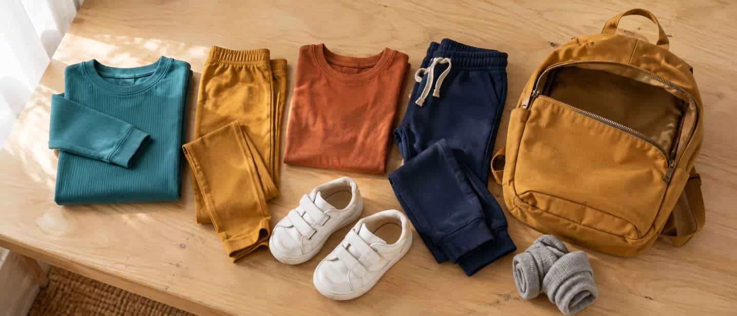 Mix-and-match preschool clothes folded beside a backpack and shoes