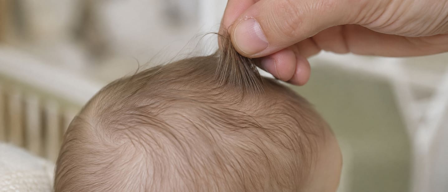 Parent gently gathering a baby's fine hair while the baby sits calmly