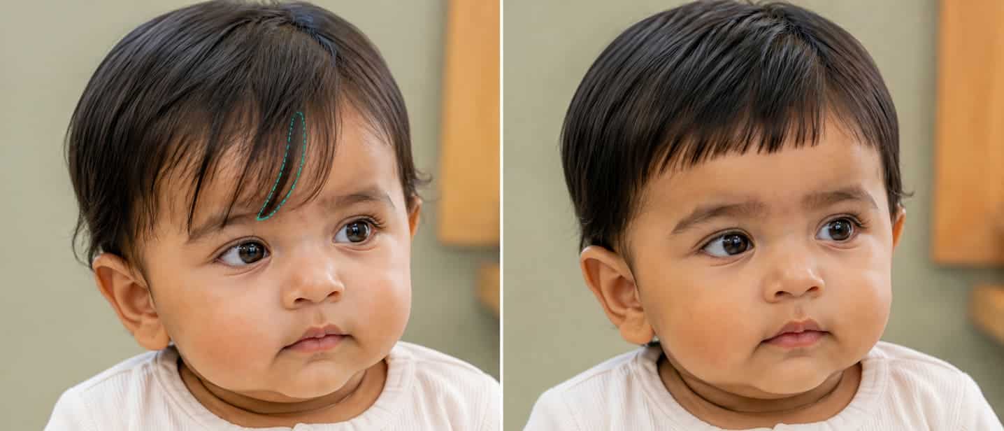 Dry front-hair photos marking one small section before and after trimming