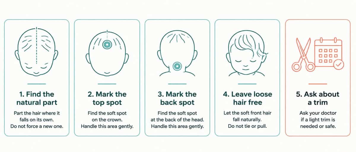 Five decision cards marking the natural part, top spot, back spot, loose hair and trim choice