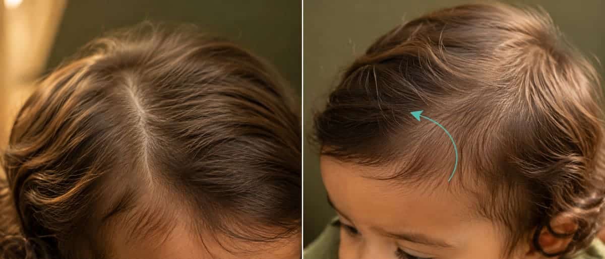 Dry baby hair splitting into its natural part beside a front whorl marked with one arrow