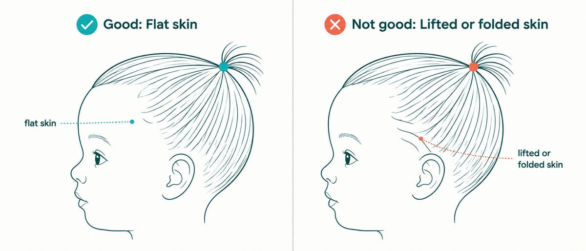 Flat hairline skin shown beside lifted or folded skin near the temple