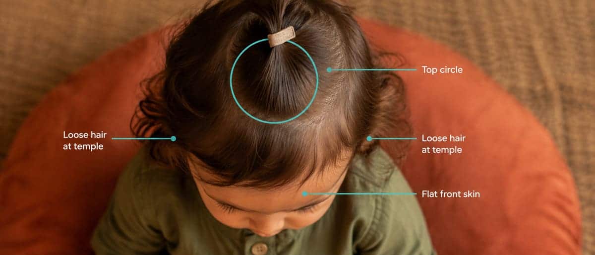 Overhead view marking the top circle, included middle hair, loose temple hair and flat front skin