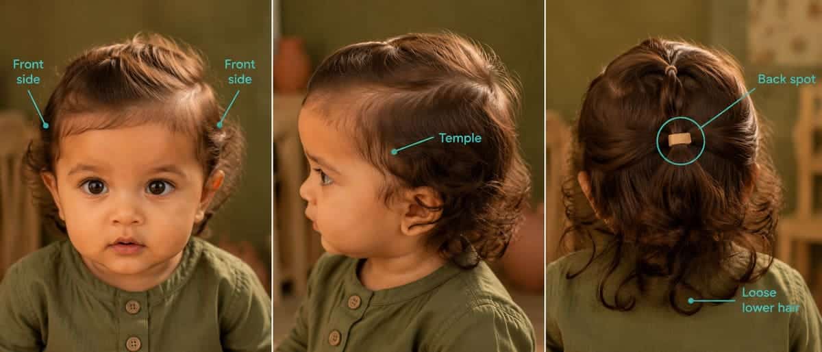 Front, side and rear views marking the back spot, both front sides, both temples and loose lower hair