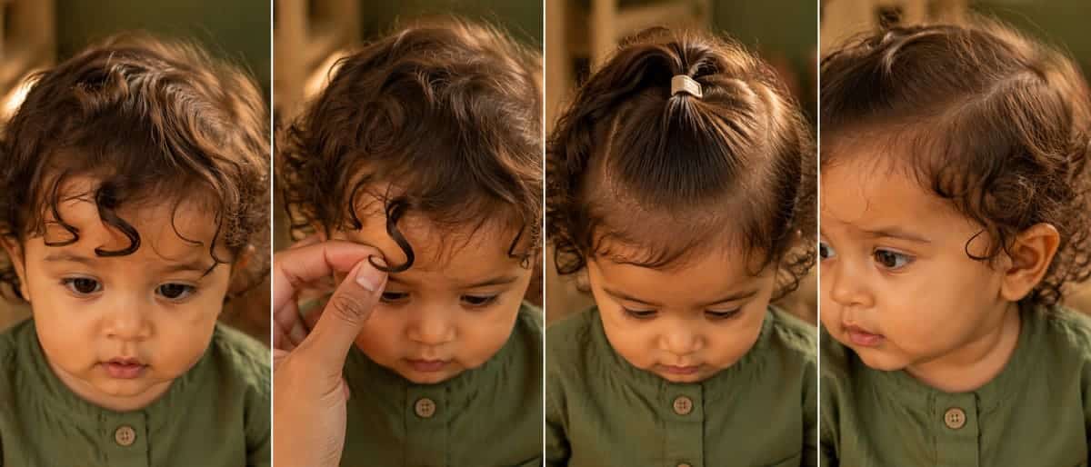 Curl and coil reach shown on dry hair with finger movement, gathered hair and shorter strands left loose