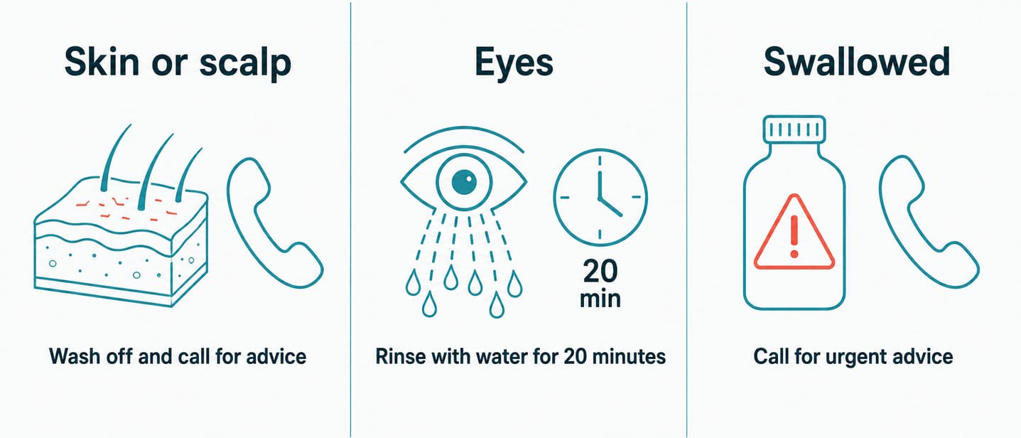 Three different first steps for skin irritation, eye contact and swallowing