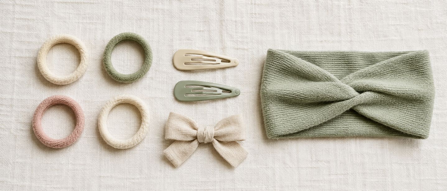 Soft fabric hair elastics, clips and headbands laid out on a plain surface