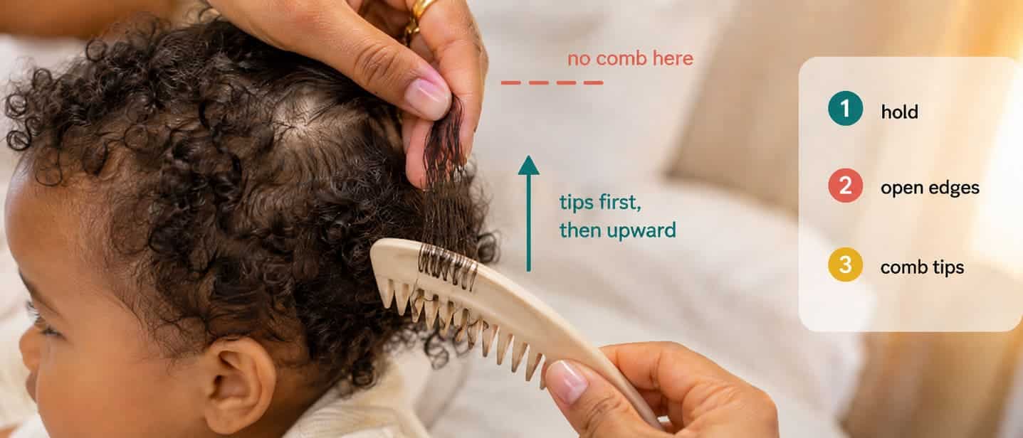 Fingers hold above one knot while a comb moves upward