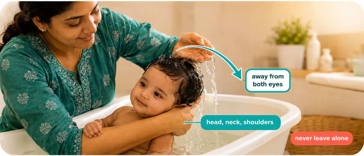 One arm supports baby while rinse water moves sideways
