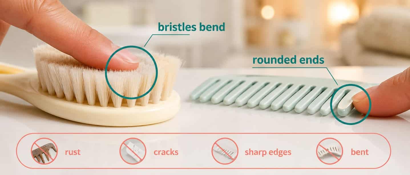 Rounded comb teeth and soft brush hairs touch fingertips