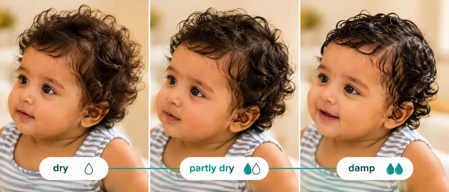Panels show dry, partly dry, and damp baby hair