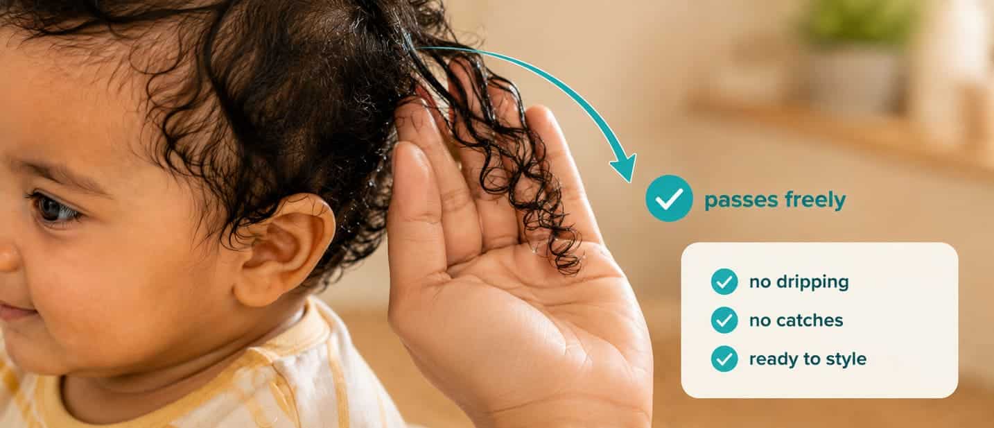 Fingers pass through one damp curl group without catching