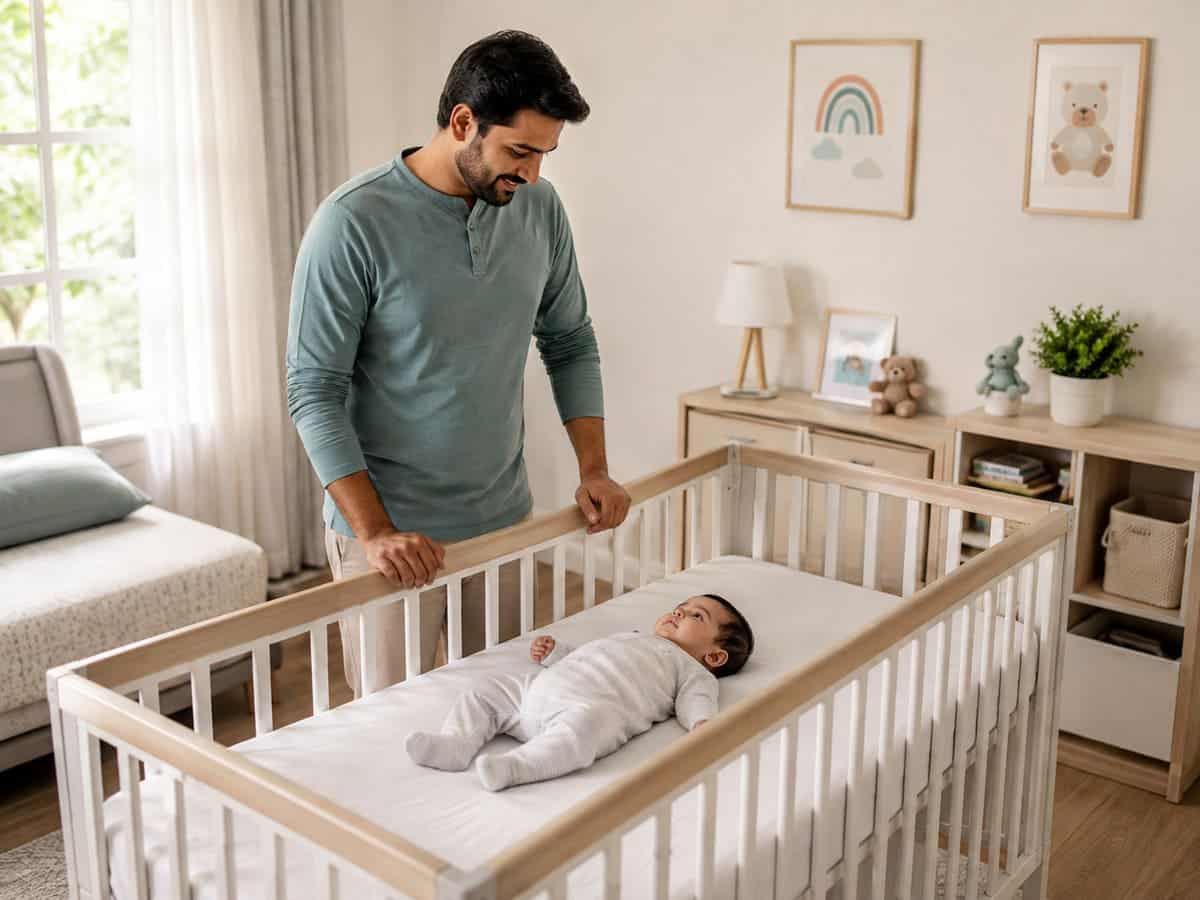 Indian father preparing a safe sleep space for a baby in a crib