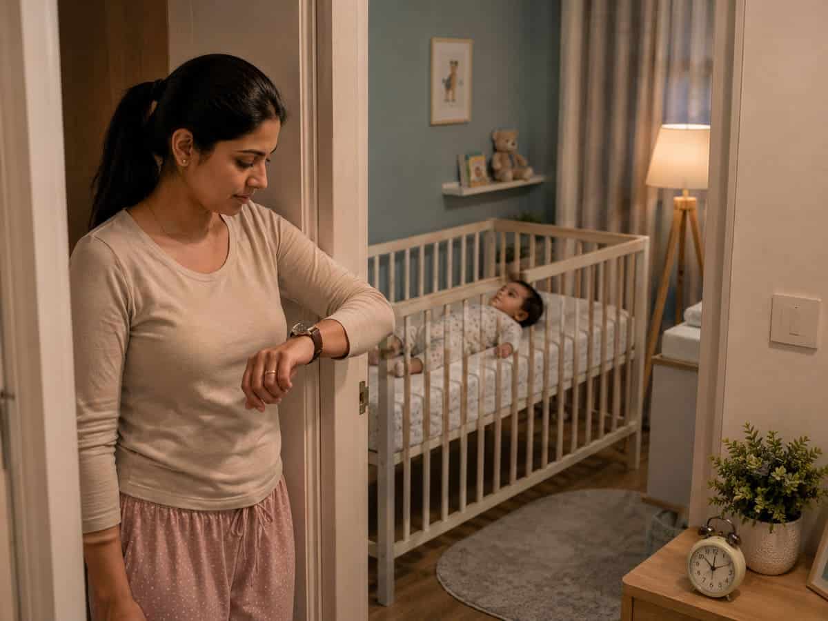 Indian mother checking the time between Ferber Method bedtime check-ins