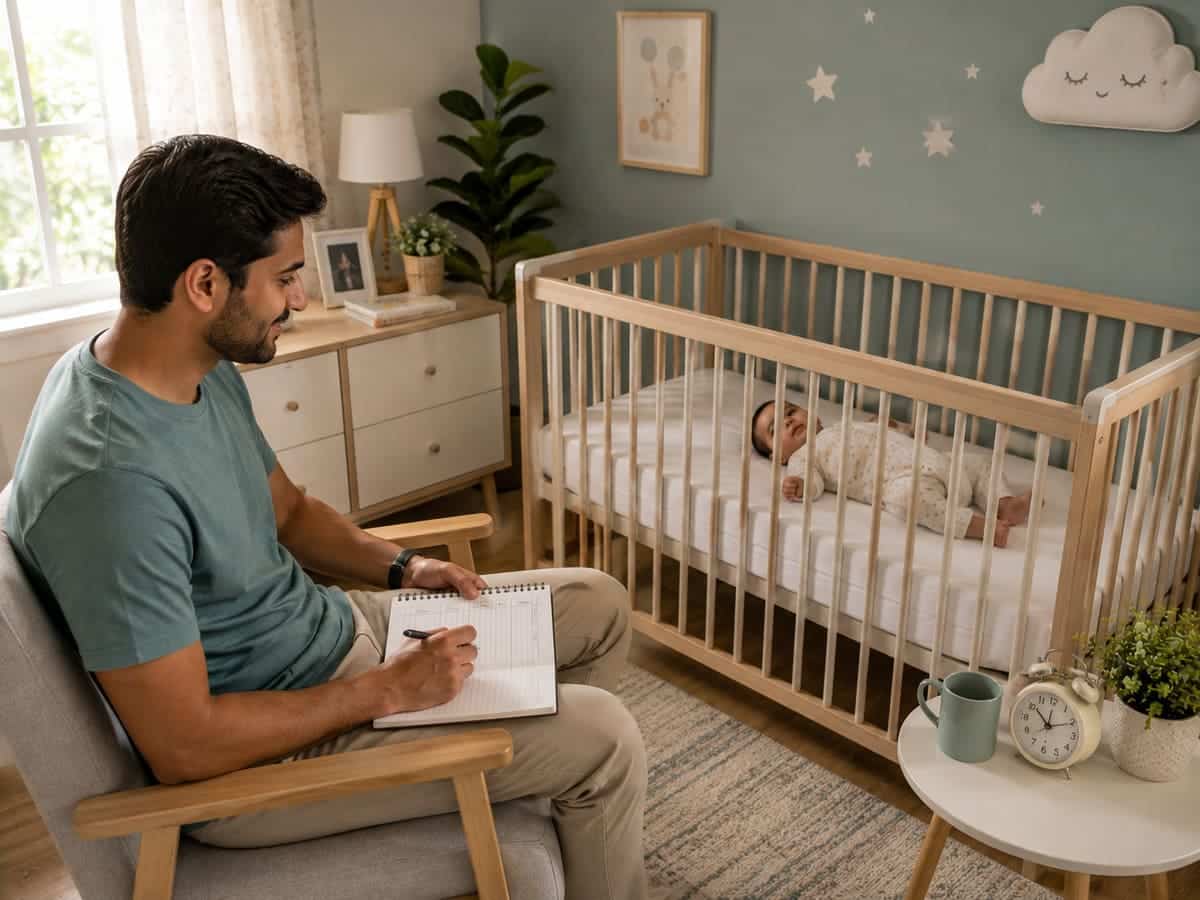 Indian father tracking bedtime progress while a baby settles in a crib