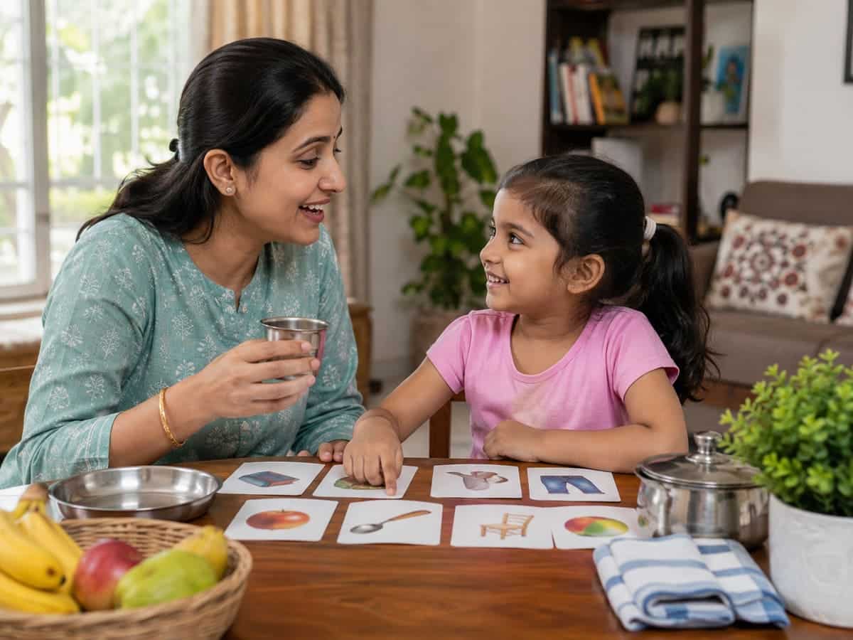 Parent and child practising spoken Hindi together during an everyday home routine