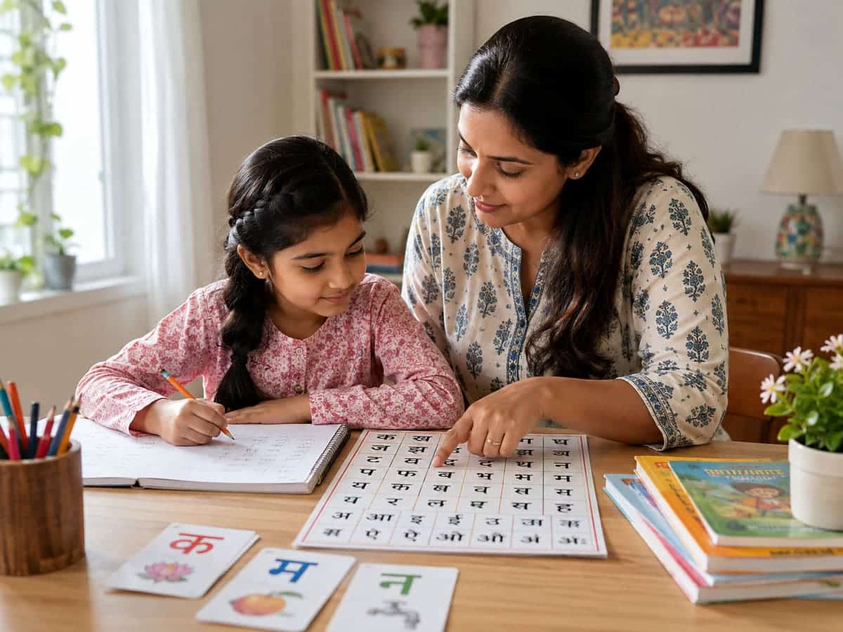 Parent helping a child learn Devanagari Hindi letters at home