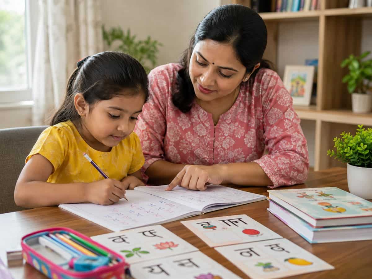 Child practising Hindi Matras and vowel sound changes with a parent