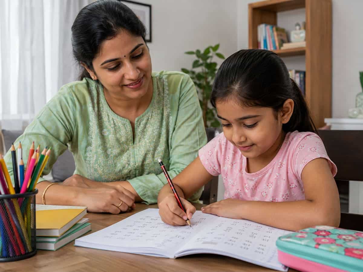 Child practising Hindi writing at home with a parent nearby