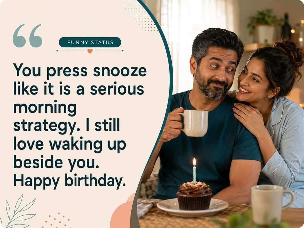 Funny WhatsApp birthday Status for husband with a playful married couple sharing a birthday morning