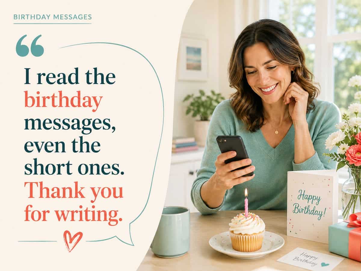 Thank you for birthday messages with a woman smiling while reading birthday texts on her phone