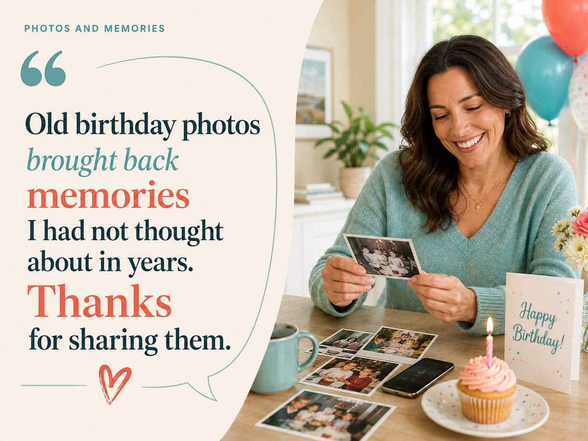 Thank you for birthday photos and memories with a woman looking through old birthday pictures