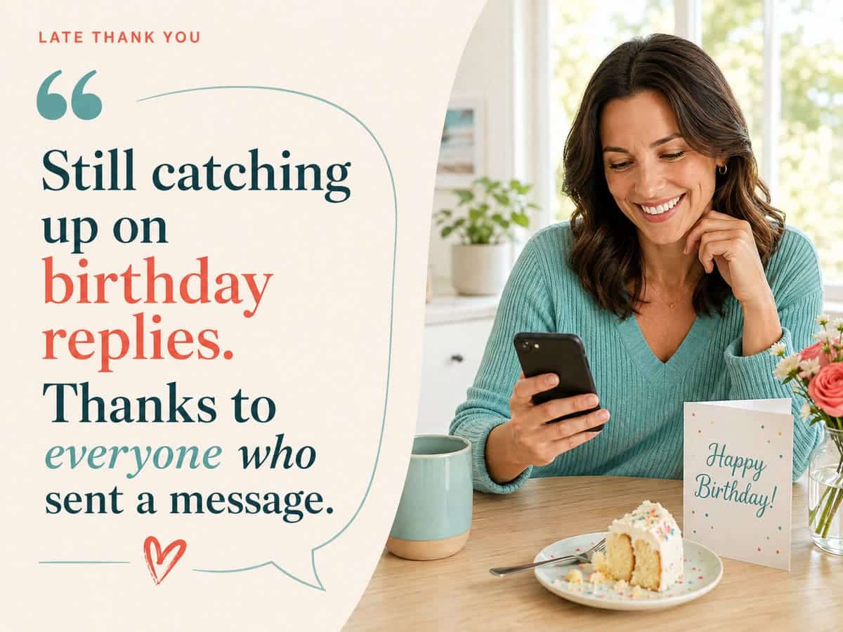 Late thank you Status for birthday wishes with a woman catching up on birthday replies
