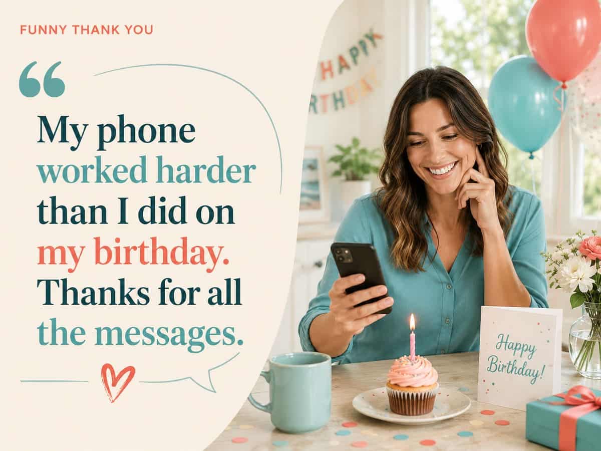 Funny thank you Status for birthday wishes with a woman smiling at birthday messages on her phone