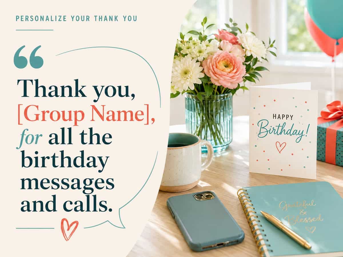 Personalized thank you Status for birthday wishes with a birthday card, flowers, phone and notebook