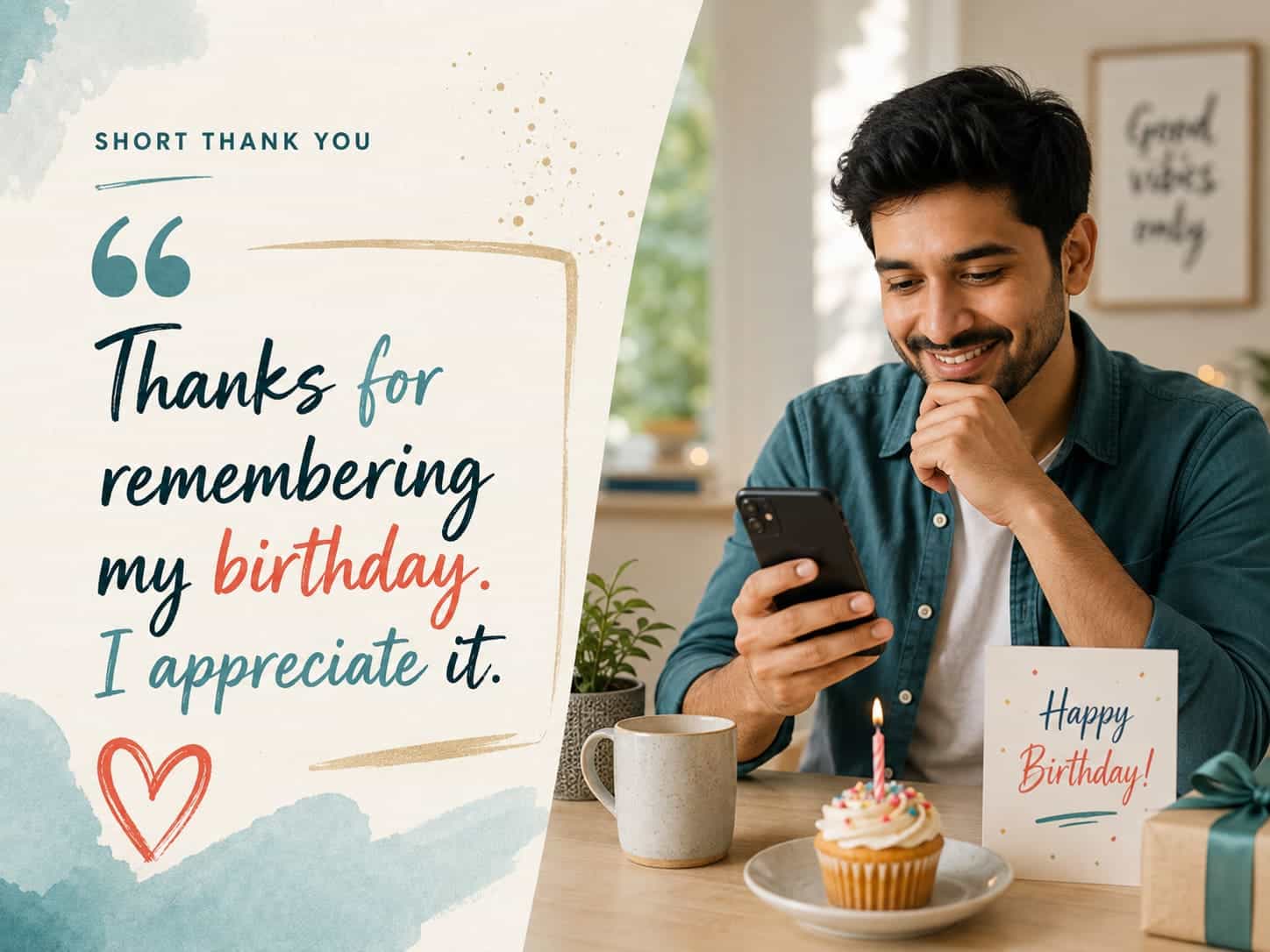 Short thank you Status for birthday wishes with a woman reading messages beside a birthday cupcake